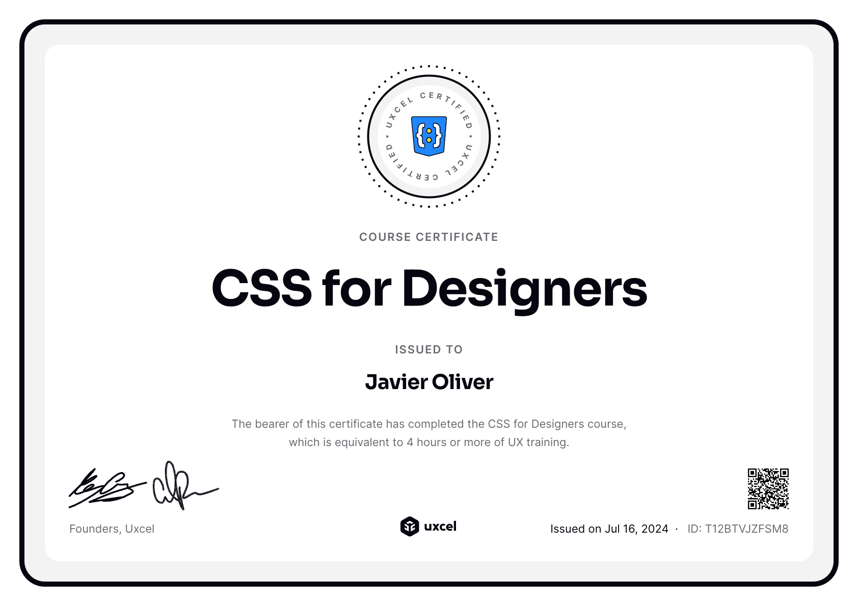 Javier Oliver's certificate